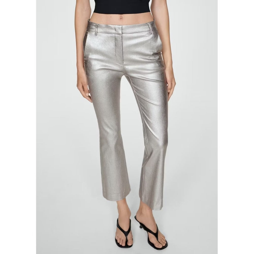 Mango Women Lucio Silver Metallic Flare Trousers Pants Size 2